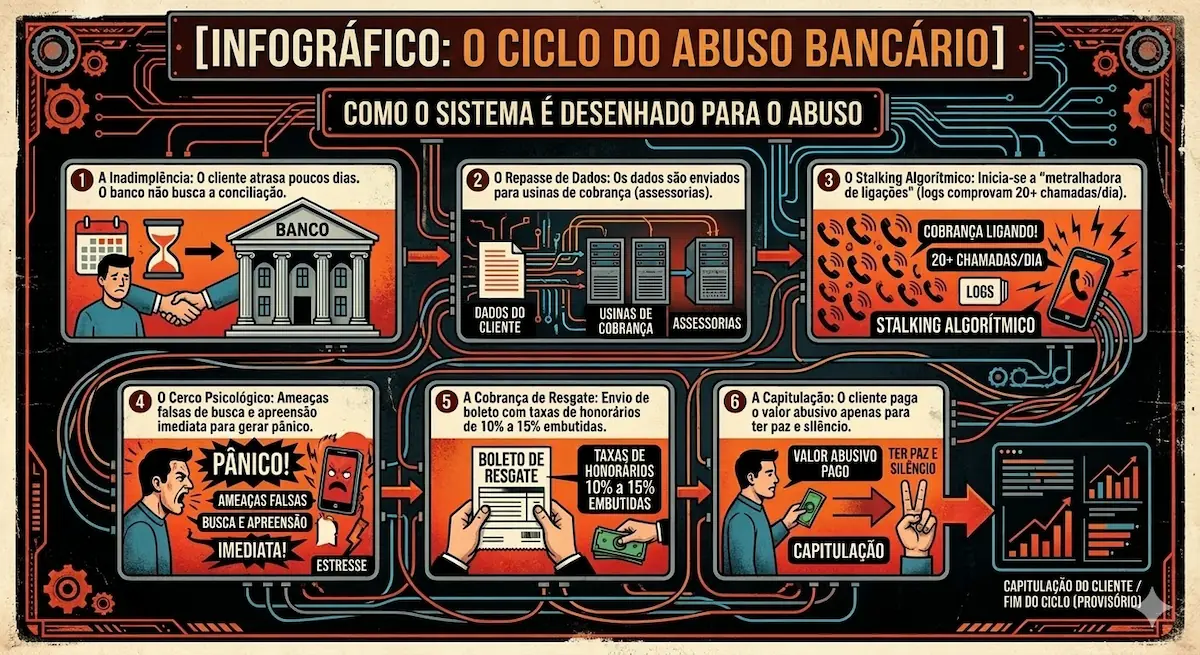 Infográfico: A Engrenagem do Stalking Bancário - Do Cerco Algorítmico ao Boleto de Honorários Abusivos. Esquematização Investigativa por Dr. Lincoln Sposito.