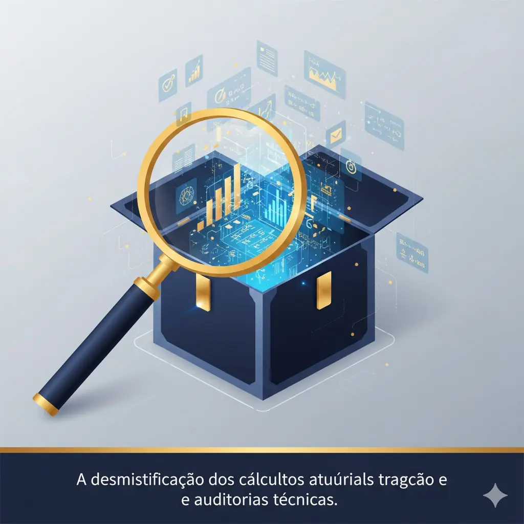 Lupa dourada analisando dados digitais saindo de uma caixa azul. Texto: A desmistificação dos cálculos atuariais e auditorias técnicas.