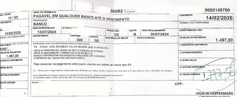 Boleto Original de Financiamento: Valor justo de R$ 1.497,00 sem taxas acessórias.