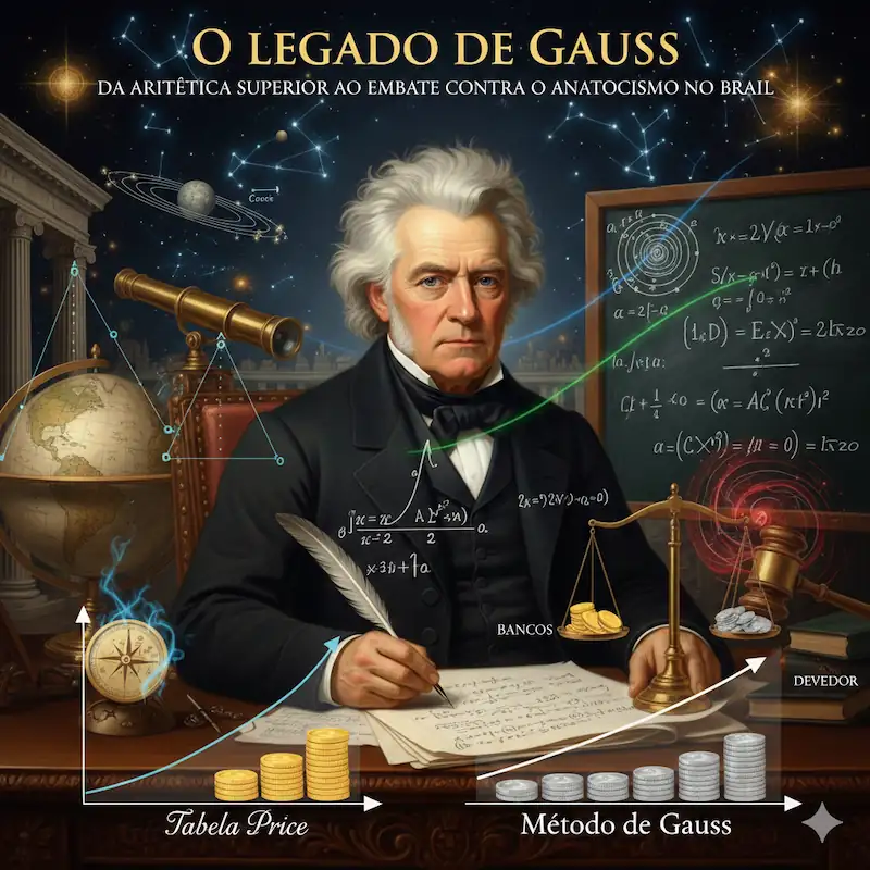 Retrato de Carl Friedrich Gauss rodeado por elementos astronômicos e comparativo entre Tabela Price e Método de Gauss.