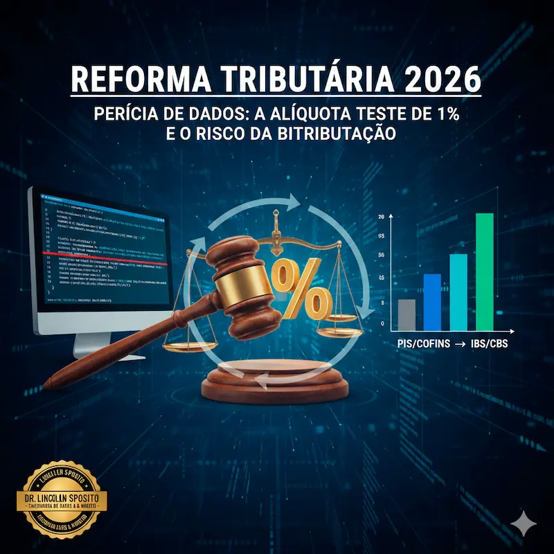 Capa Do Artigo Reforma Tributária 2026: Perícia De Dados Na Alíquota Teste De 1% E O Risco De Bitributação. Infográfico De Transição Fiscal Do Dr. Lincoln Sposito.
