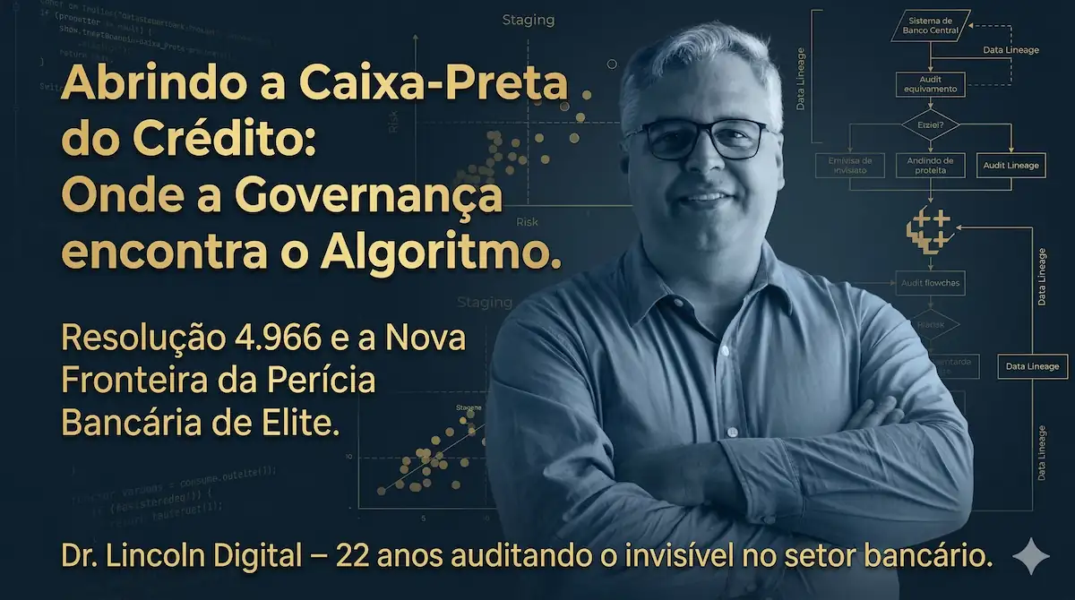 Capa do artigo Resolução 4.966. Ilustração de engrenagens algorítmicas e dados financeiros, representando a auditoria de perda esperada pelo Dr. Lincoln Sposito.