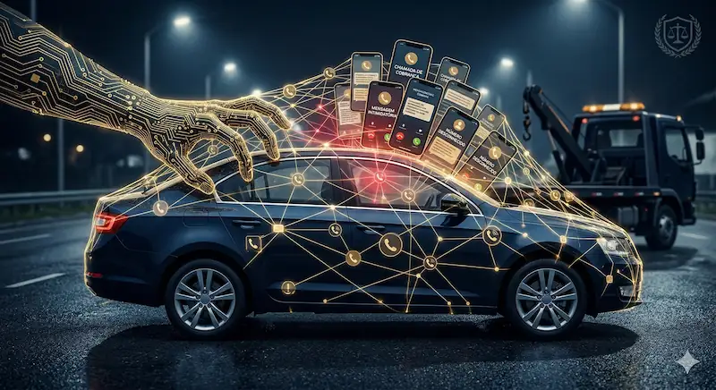 Capa do artigo Stalking em Financiamento de Veículos. Ilustração de um carro sob cerco de redes digitais e guincho, representando a asfixia tecnológica e perícia do Dr. Lincoln Sposito.