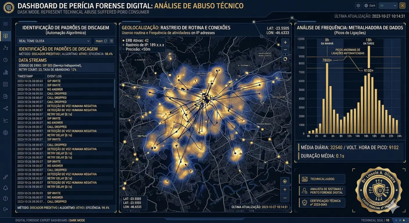 Dashboard de Perícia Forense Digital do Dr. Lincoln Sposito, Analista de Sistemas. Interface estilo dark mode em azul e dourado, exibindo mapa urbano com geolocalização de chamadas, gráficos de picos de frequência preditiva e logs de automação algorítmica de cobrança veicular.
