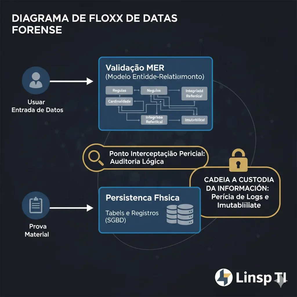 Diagrama de Fluxo de Dados Forense, ilustrando a jornada de um dado desde a entrada pelo usuário, passando pela validação das regras de integridade do MER, até a persistência física, destacando os pontos de interceptação onde um perito judicial deve atuar para garantir a cadeia de custódia da informação.