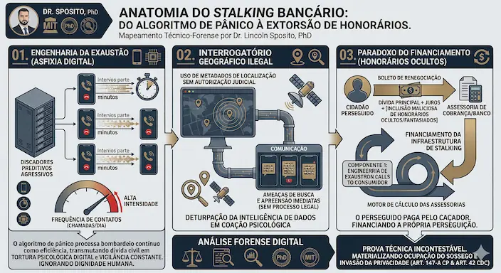 Infográfico Forense: A Anatomia do Stalking Bancário - Do Algoritmo de Pânico à Extorsão de Honorários. Análise Técnica por Dr. Lincoln Sposito, PhD.