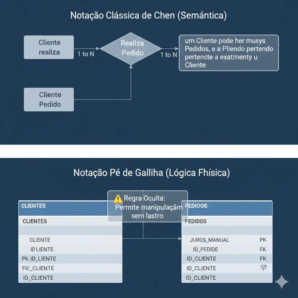 Comparativo técnico entre a notação clássica de Chen e a notação de pé de galinha, demonstrando como a transição entre elas revela regras de negócio críticas para a perícia judicial.
